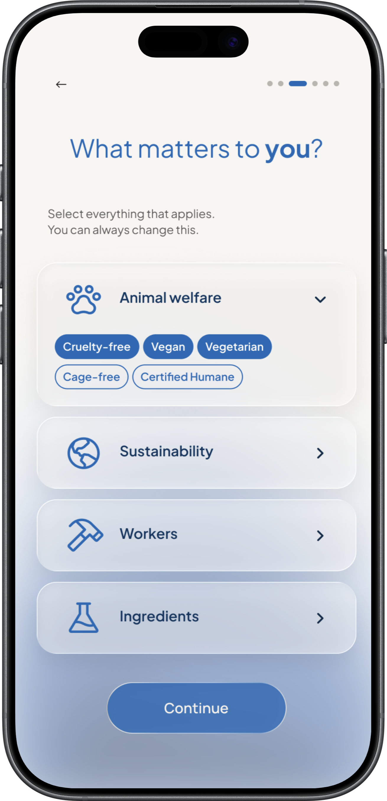 Chappie onboarding screen inviting a shopper to set their ethical priorities